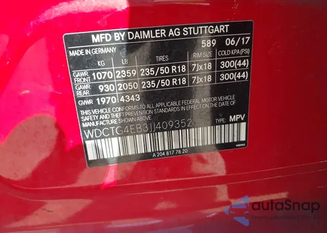 2018 Mercedes-Benz Gla 250 из США, поврежденный, VIN WDCTG4EB3JJ409352